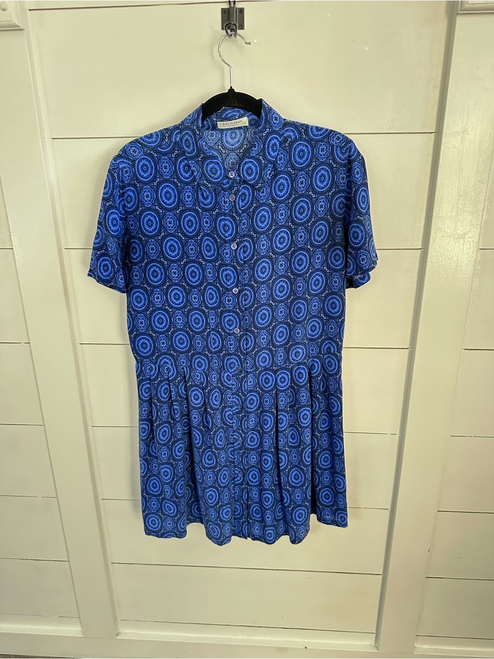 Equipment S Silk blue medallion short sleeve button down ruffled waist blouse